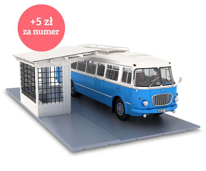 Obraz niebiesko-białego zabytkowego autobusu Jelcz 043 z przystankiem autobusowym na podstawce. Ikona na obrazie zawiera napis: „+5 zł za numer”.