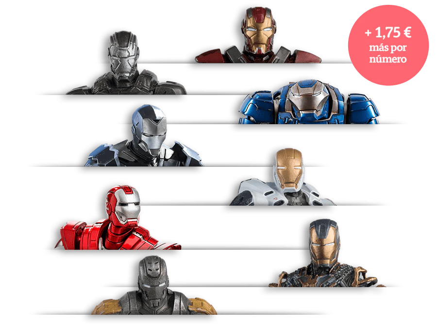 Imagen de ocho cascos de armadura relacionados con el universo Marvel. Un icono en la imagen indica: «+1,75€ por entrega».