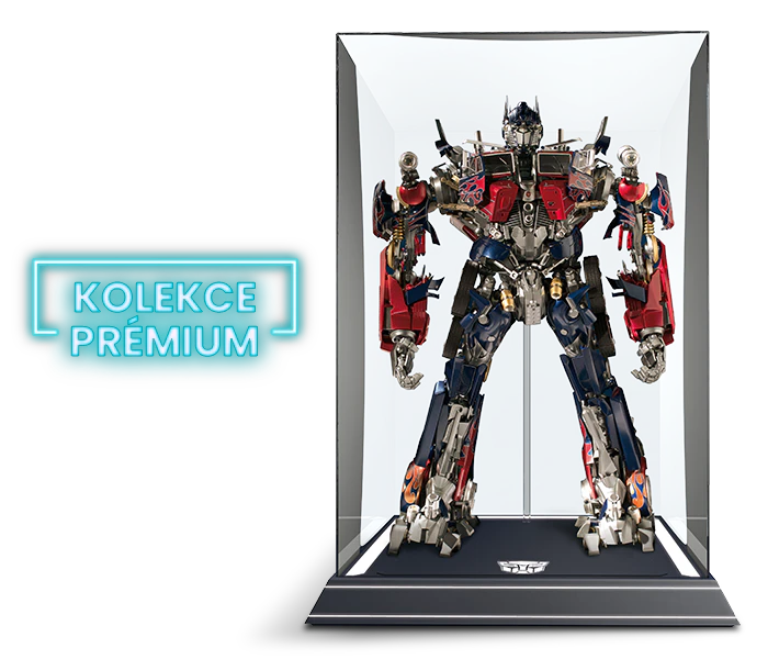 Obrázek červeno-modrého robota s částmi kamionu, Optimus Prime, v průhledné vitríně. Banner na obrázku obsahuje nápis „Prémiová kolekce”.