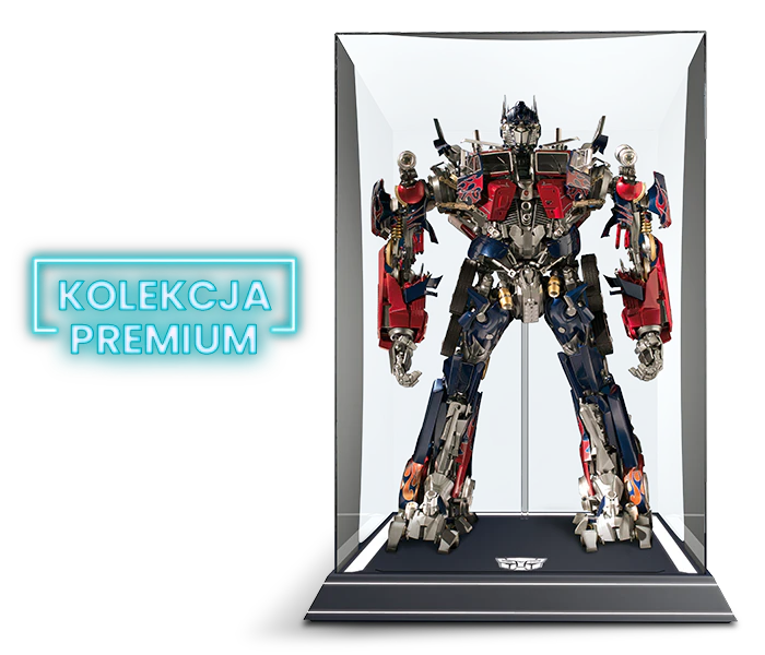 Obraz czerwono-niebieskiego robota z częściami ciężarówki, Optimusa Prime’a, w przezroczystej gablocie. Baner na obrazie zawiera napis „Kolekcja Premium”.