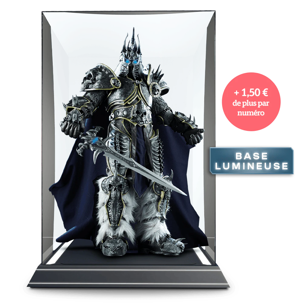 Image de la maquette dans une vitrine transparente. Une icône indique : « +1,50€ par livraison ». Une autre icône indique : « base lumineuse ».