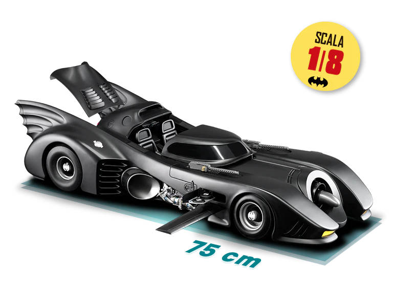 Image of the black 1989 Batmobile with dimension: length 75 cm. An icon on the image reads "SCALE 1/8".