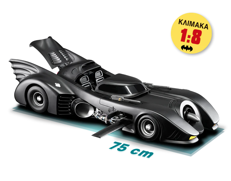 Image of the black 1989 Batmobile with dimension: length 75 cm. An icon on the image reads "SCALE 1/8".