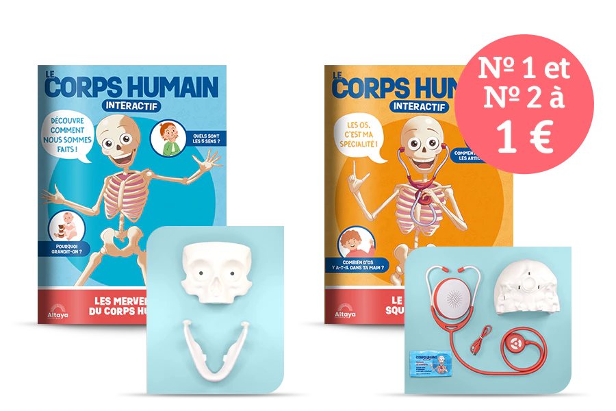 Image montrant deux couvertures de magazine avec le produit et deux paquets de pièces. Une bannière sur l’image indique « n° 1 et n° 2 à 1€ » dans un sceau circulaire.