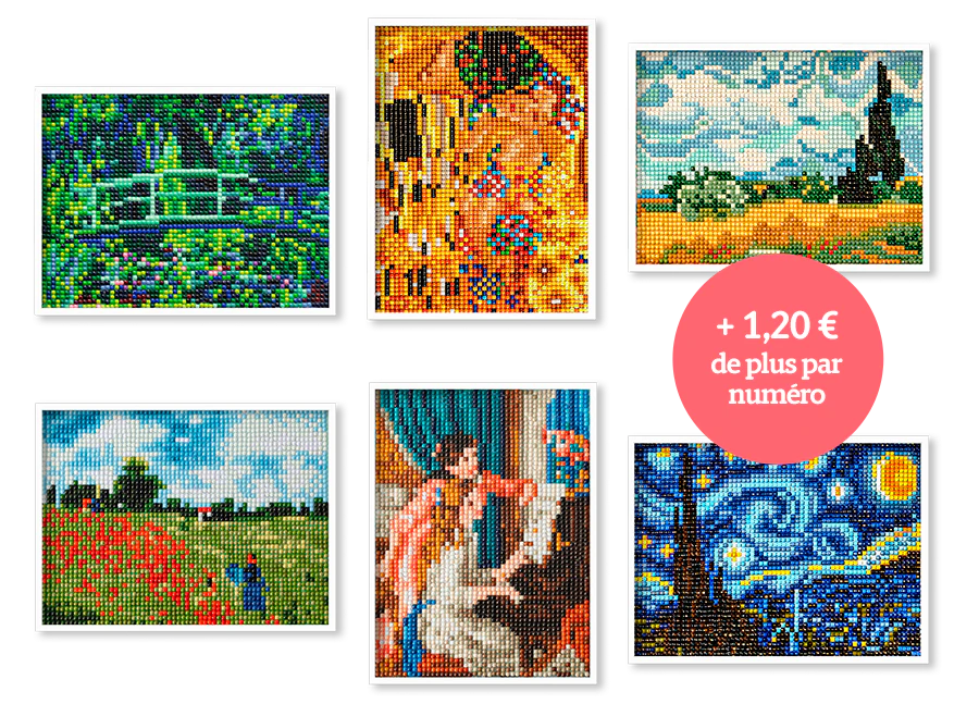 Image de six toiles faites de diamants représentant des œuvres iconiques de l’histoire de l’art. Une icône sur l’image indique : « +1,20€ par livraison ».