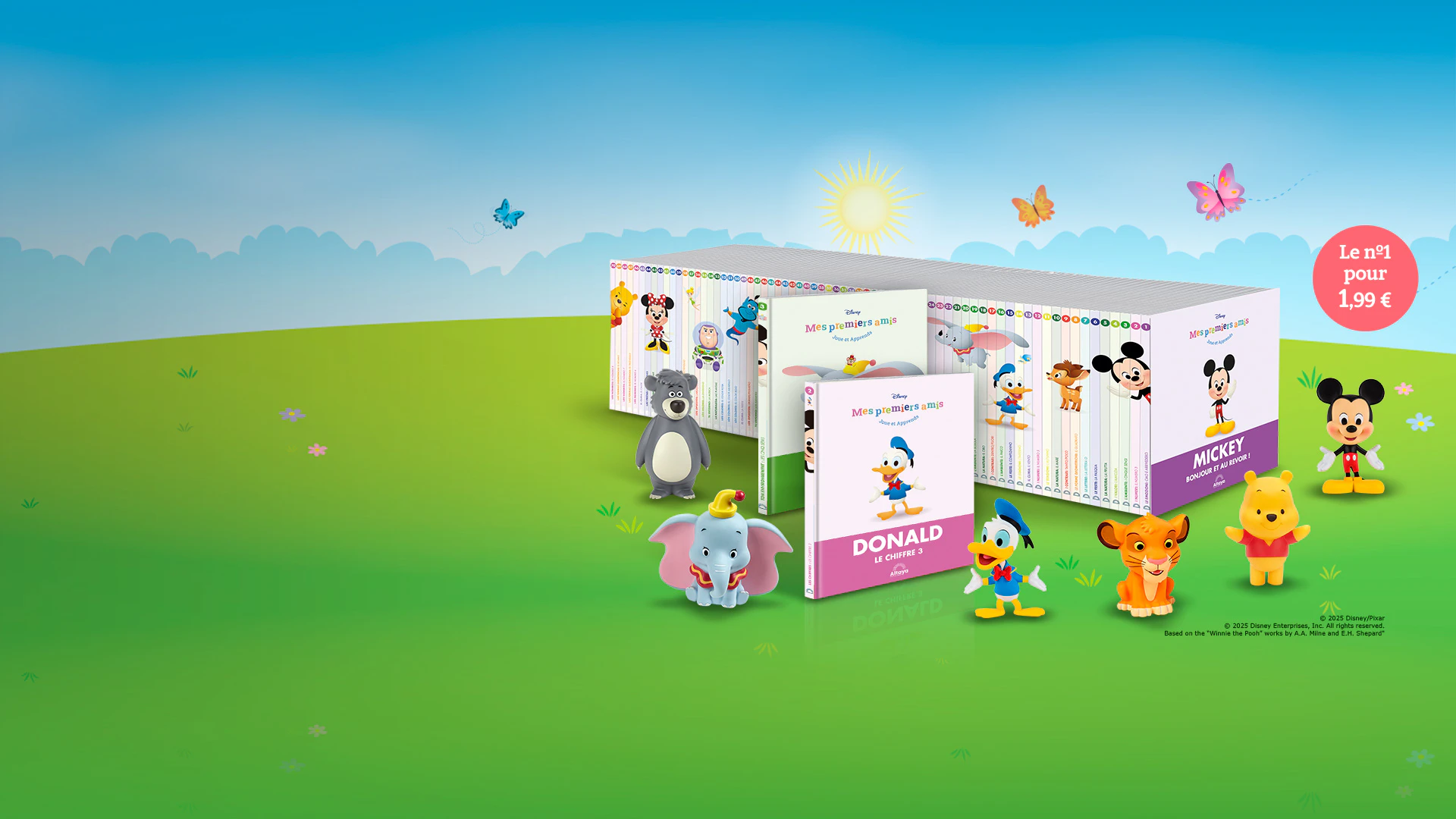 Image d’une composition avec des livres et plusieurs figurines de Disney. Avec une icône au-dessus de l’image et un texte promotionnel : « Le n°1 pour 1,99 € »