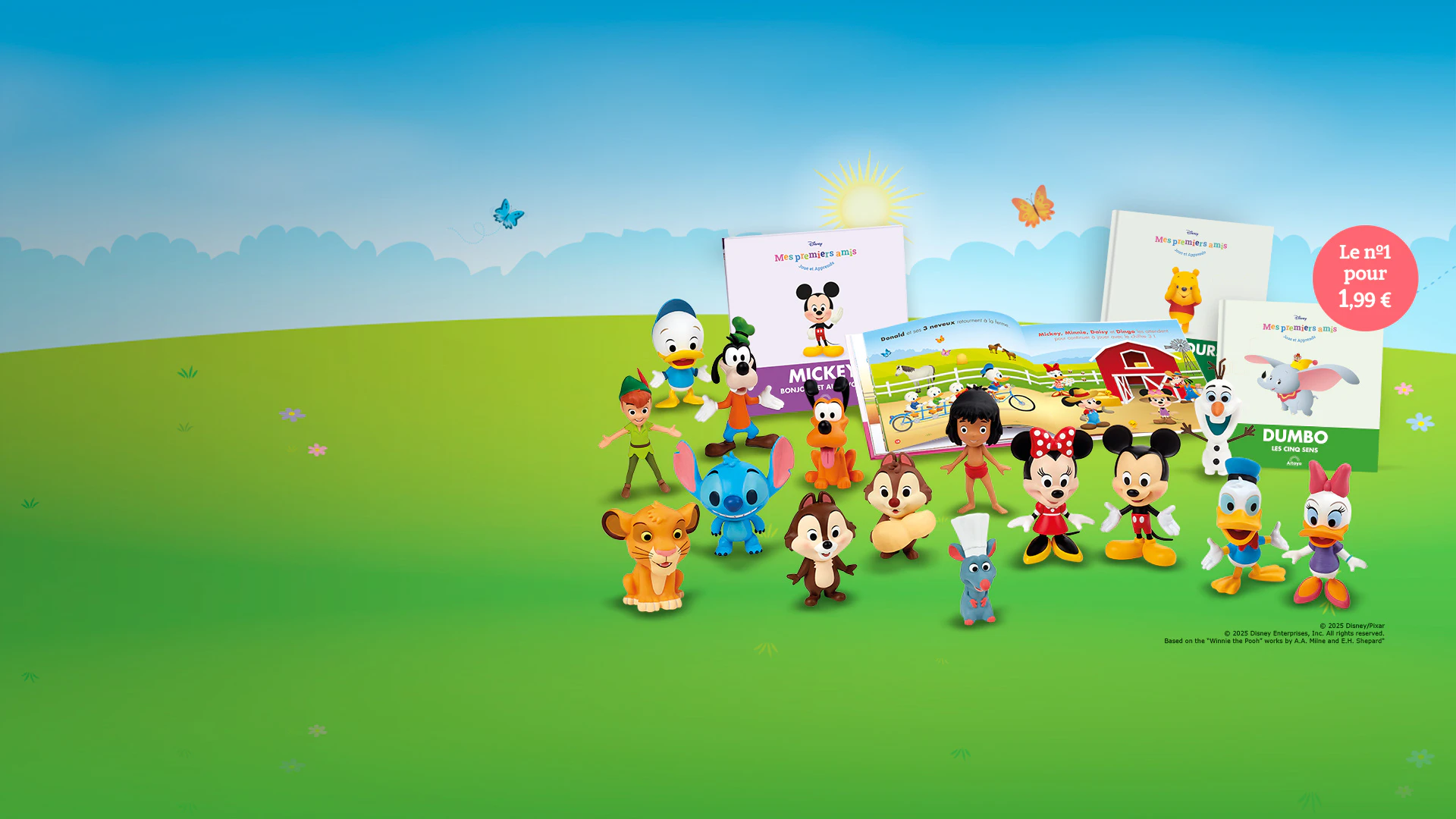 Image d’une composition avec des livres et plusieurs figurines de Disney. Avec une icône au-dessus de l’image et un texte promotionnel : « Le n°1 pour 1,99 € »