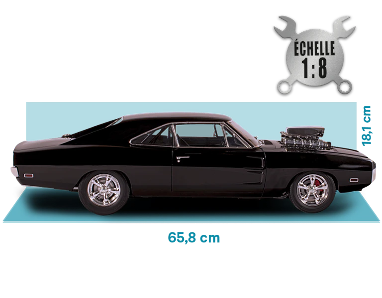 Image de la voiture noire avec dimensions : longueur 65,8 cm, hauteur 18,1 cm. Une icône sur l’image indique « ÉCHELLE [1/8] ».
