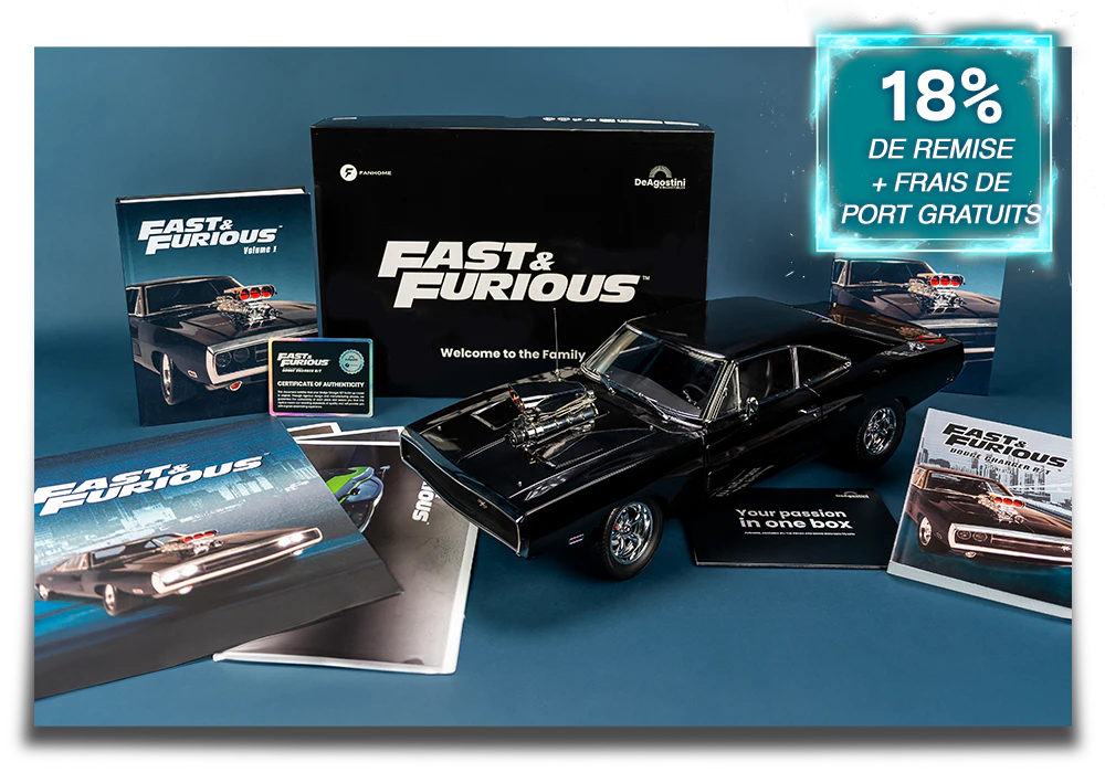 Image de la maquette de la voiture noire entourée de tous les cadeaux de la collection. Une icône sur l’image indique : « 18% de réduction et livraison gratuite ».