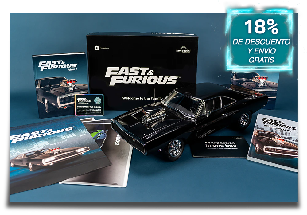 Imagen de la maqueta del coche negro  rodeada de todos los regalos de la colección. Un icono en la imagen indica: «18% de descuento y envío gratis ».