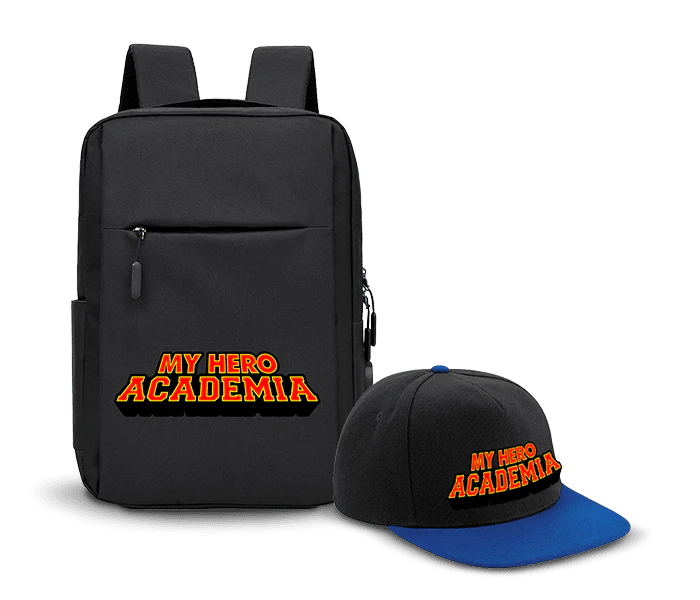 Image of a black baseball cap with a blue visor featuring the My Hero Academia logo.
