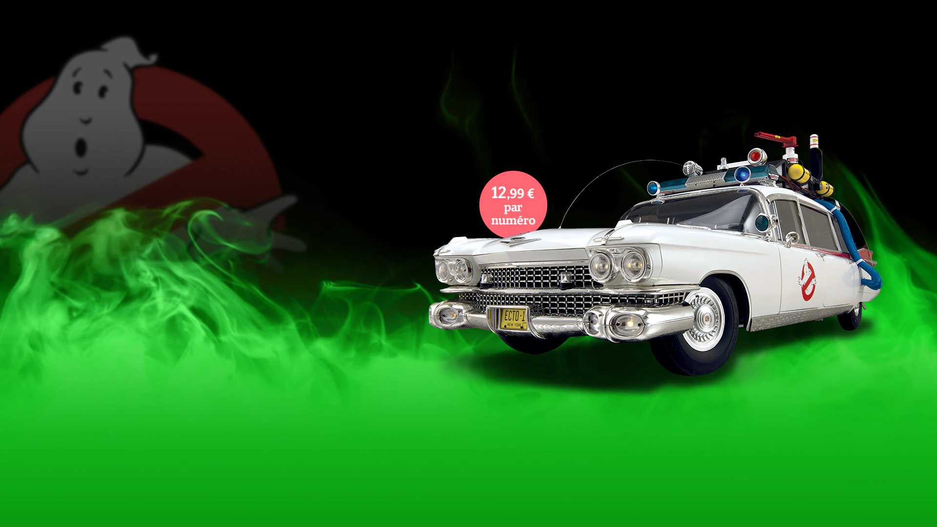 Voiture blanche du film Ghostbusters sur fond vert avec un cercle contenant le texte promotionnel : 12,99 € par numéro