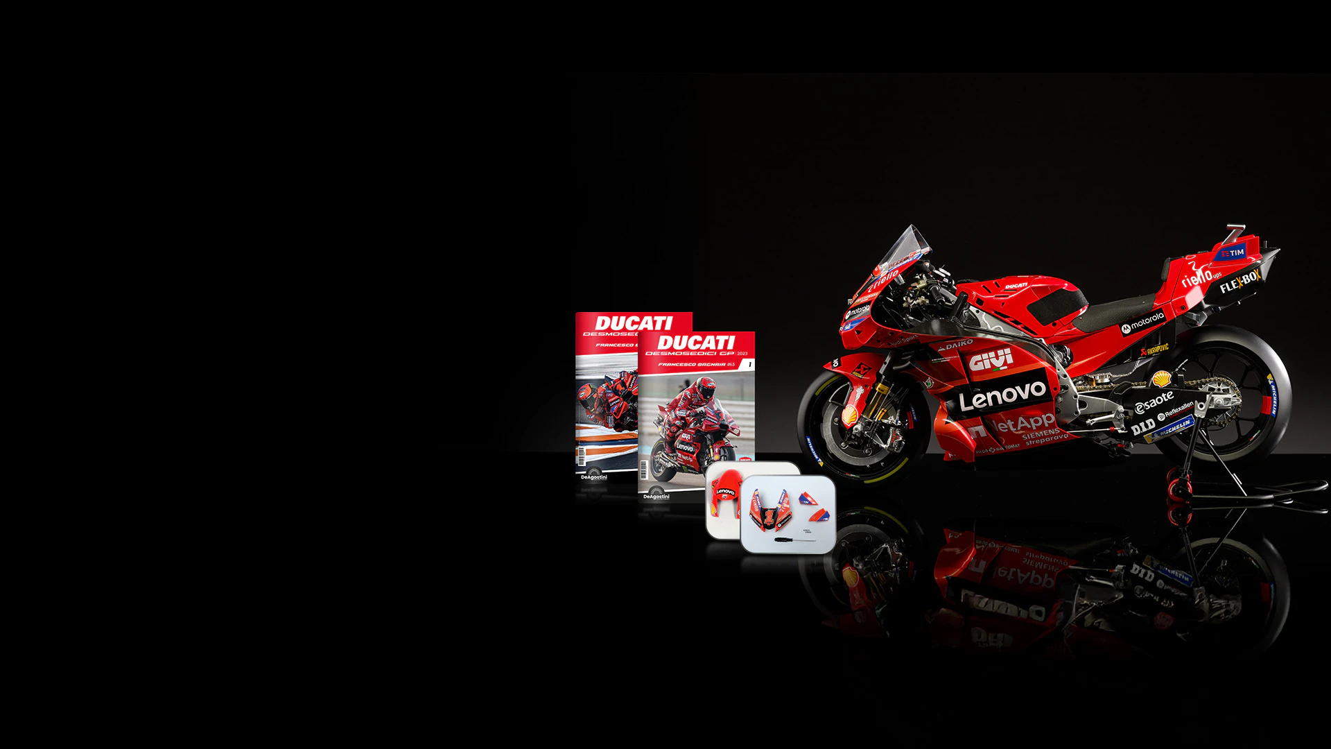 Obraz czerwonego motocykla Ducati na czarnym tle z czerwonymi neonami. Obraz zawiera tekst promocyjny: „Przesyłka 1 tylko za 4,98 zł”.