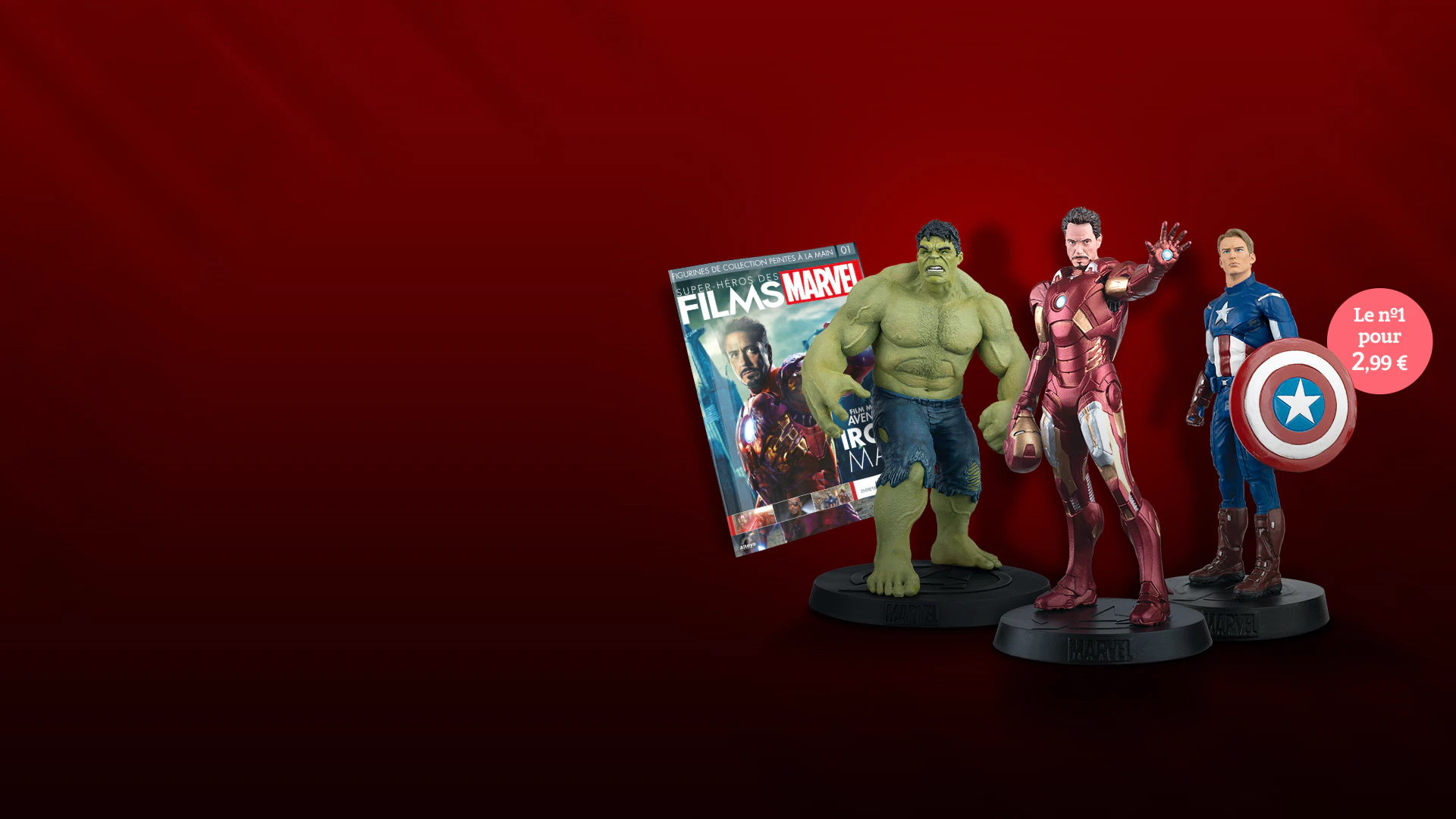 Image de figurines de l’univers Marvel. Avec une icône au-dessus de l’image et un texte promotionnel : « Le n°1 pour 2,99 € »