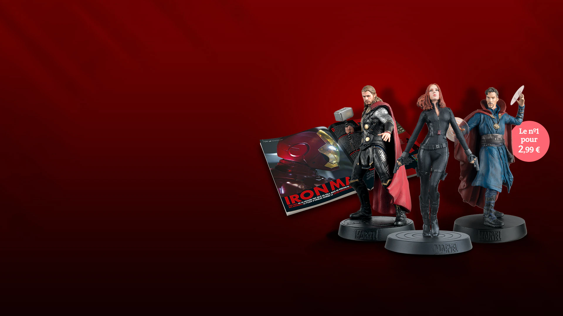 Image de figurines de l’univers Marvel. Avec une icône au-dessus de l’image et un texte promotionnel : « Le n°1 pour 2,99 € »