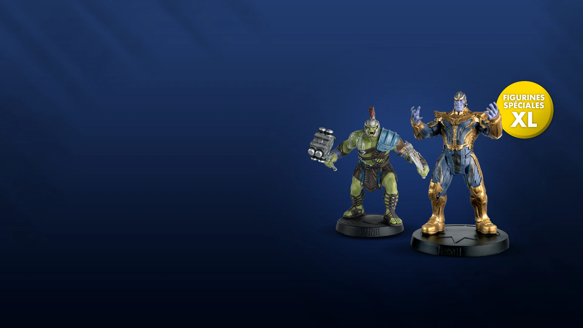 Image de figurines de l’univers Marvel. Avec une icône au-dessus de l’image et un texte: « figurines spéciales XL »