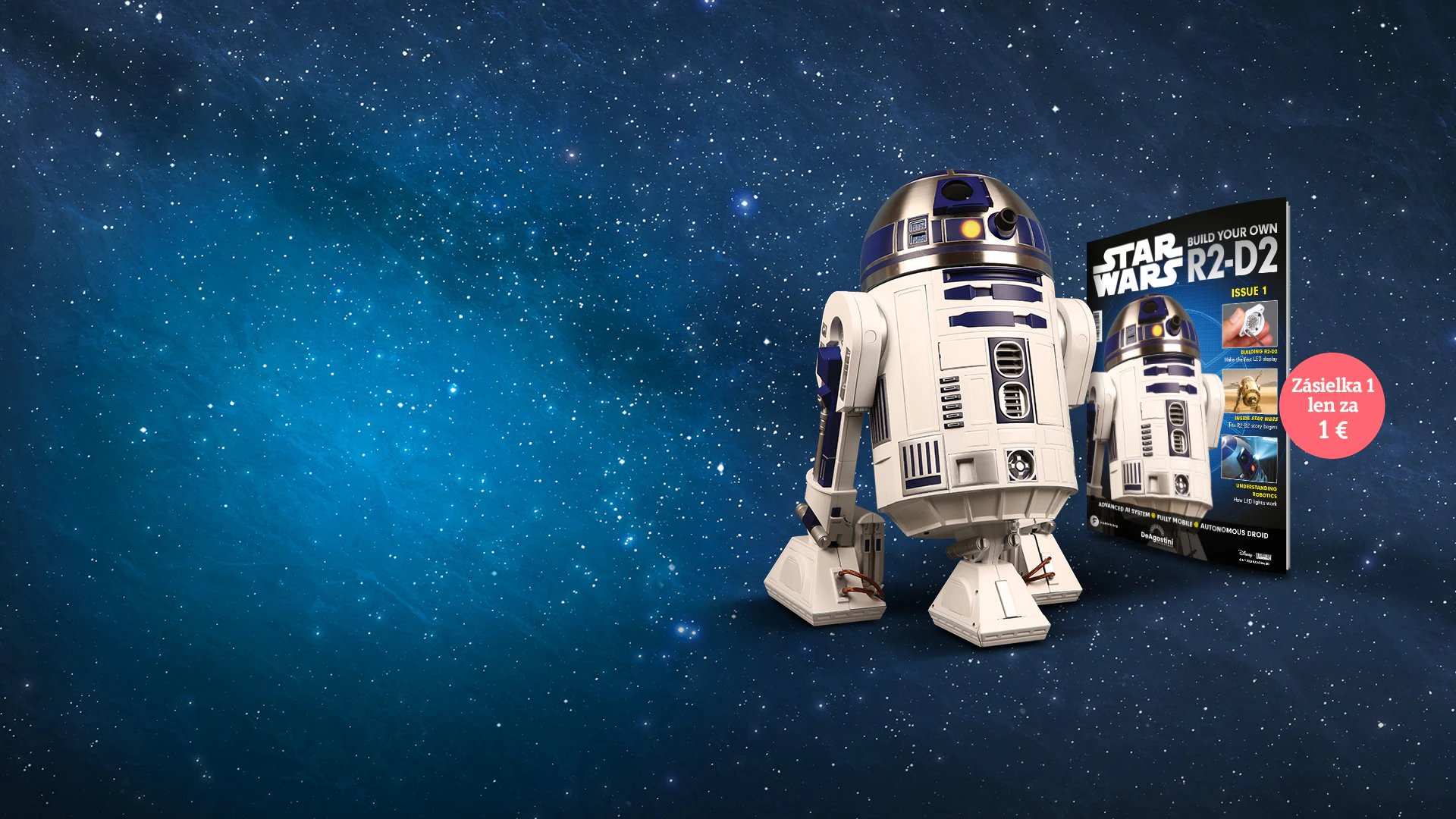 Obrázok robota R2-D2 zo Star Wars na galaktickom pozadí. Obrázok obsahuje propagačný text: „Zásielka 1 len za 1 €”.