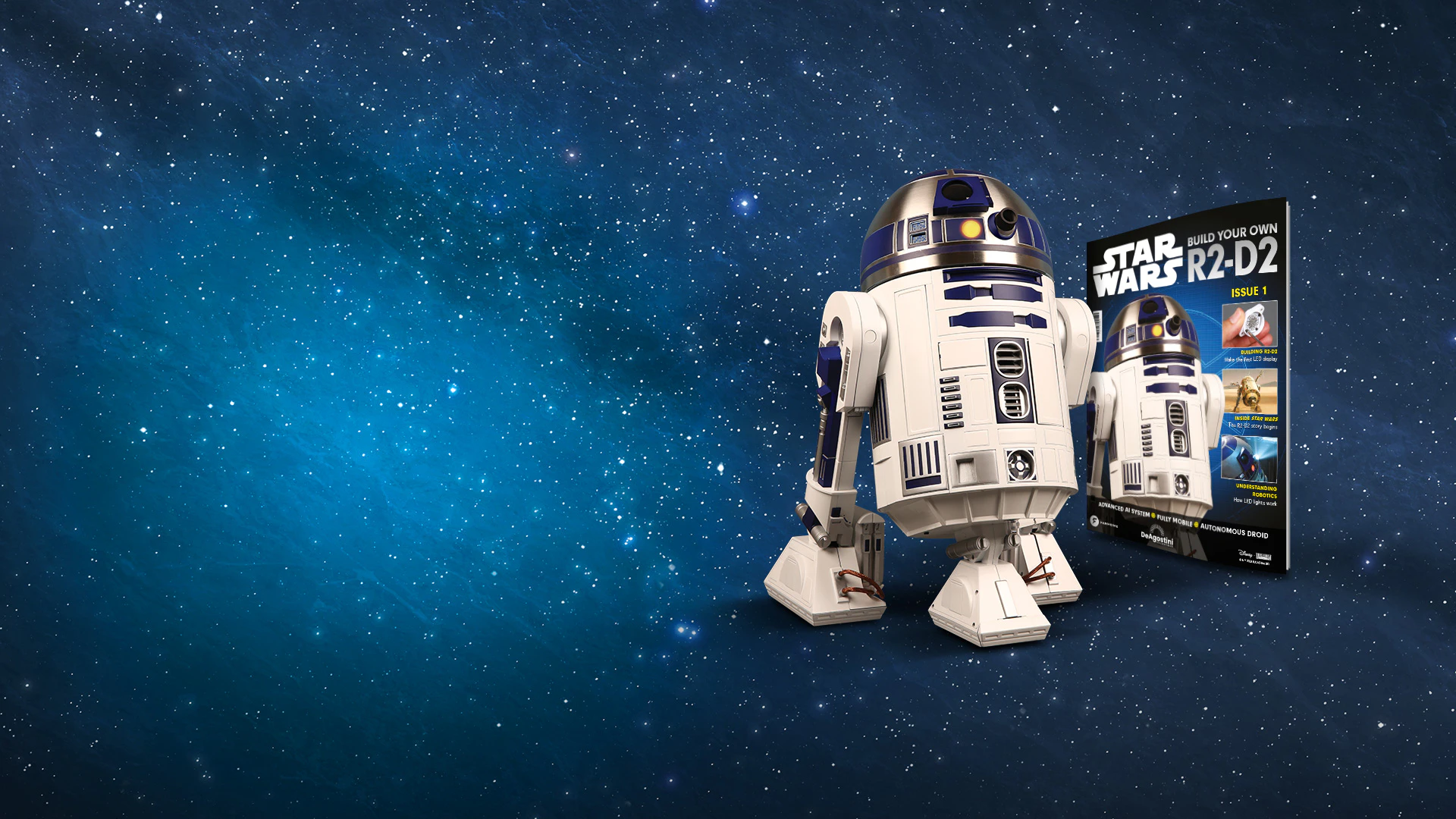 Image of the Star Wars R2-D2 robot on a galaxy background.