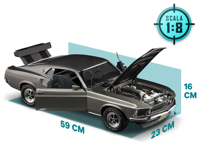Immagine di una muscle car Ford Mustang d’epoca grigia con dimensioni: lunghezza 16 cm, larghezza 23 cm, altezza 59 cm. Un’icona sull’immagine riporta “SCALA 1/8”.