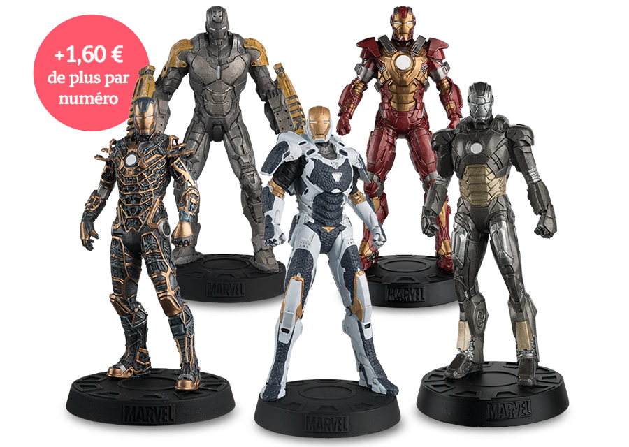 Image de cinq armures exclusives portées par Tony Stark. Une icône sur l’image indique “+1,60€ de plus par numéro”.