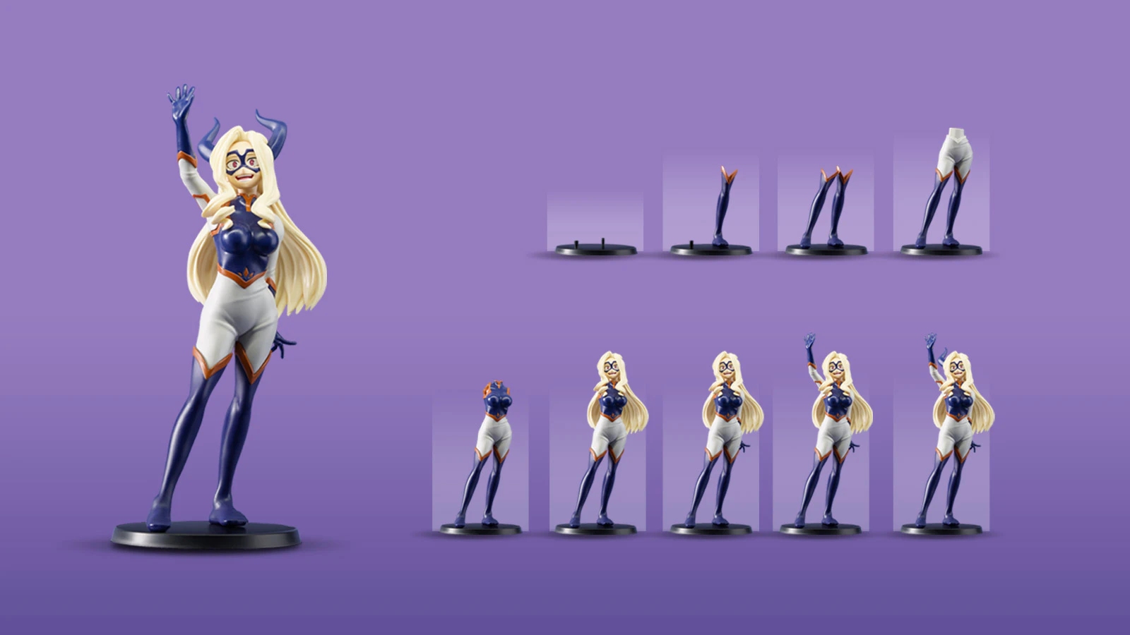 Immagine che mostra il processo di assemblaggio e l’aspetto finale della figurina di Mt. Lady da My Hero Academia.