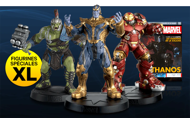 Image de figurines de l’univers Marvel. Avec une icône au-dessus de l’image et un texte: « figurines spéciales XL »