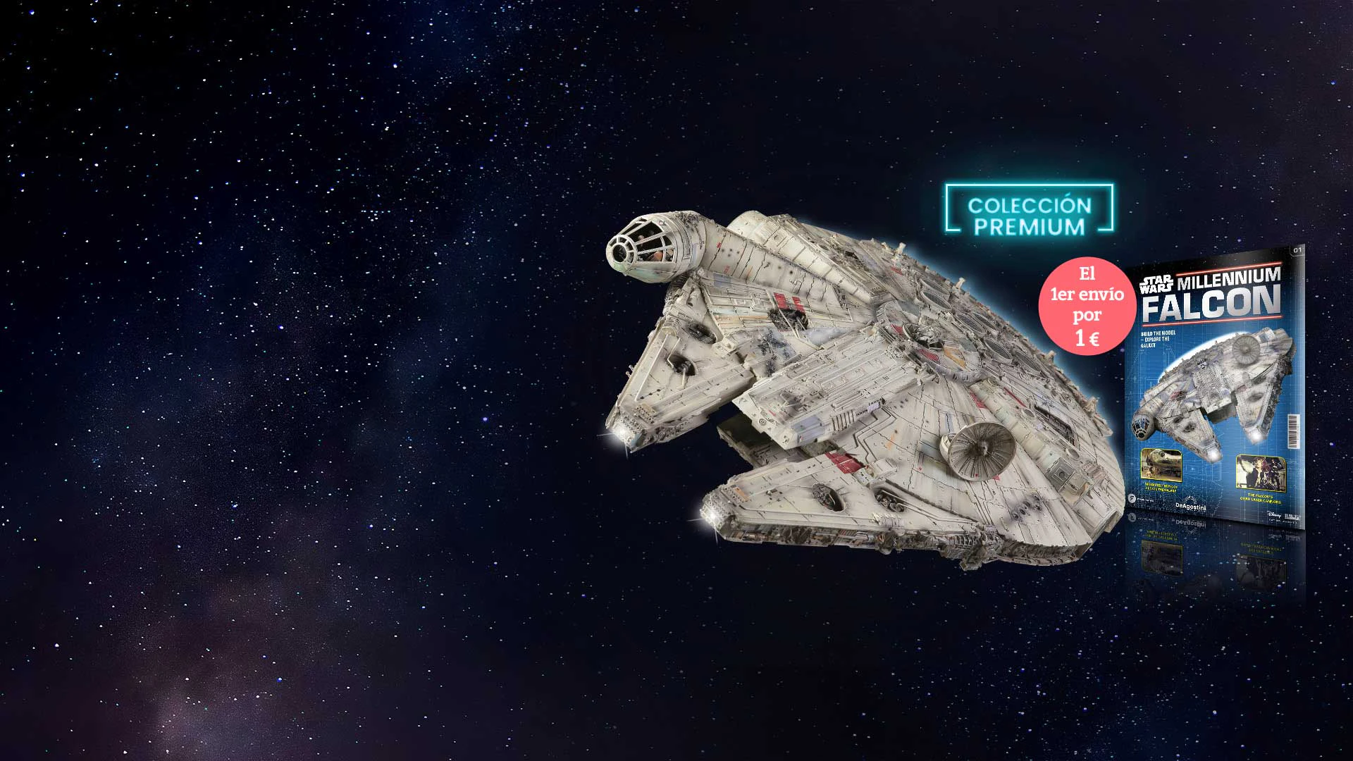 Image of the Millennium Falcon starship next to a magazine cover of the same, on galaxy background image. The image includes the promotional text: "[red roundel text]. Premium collection".