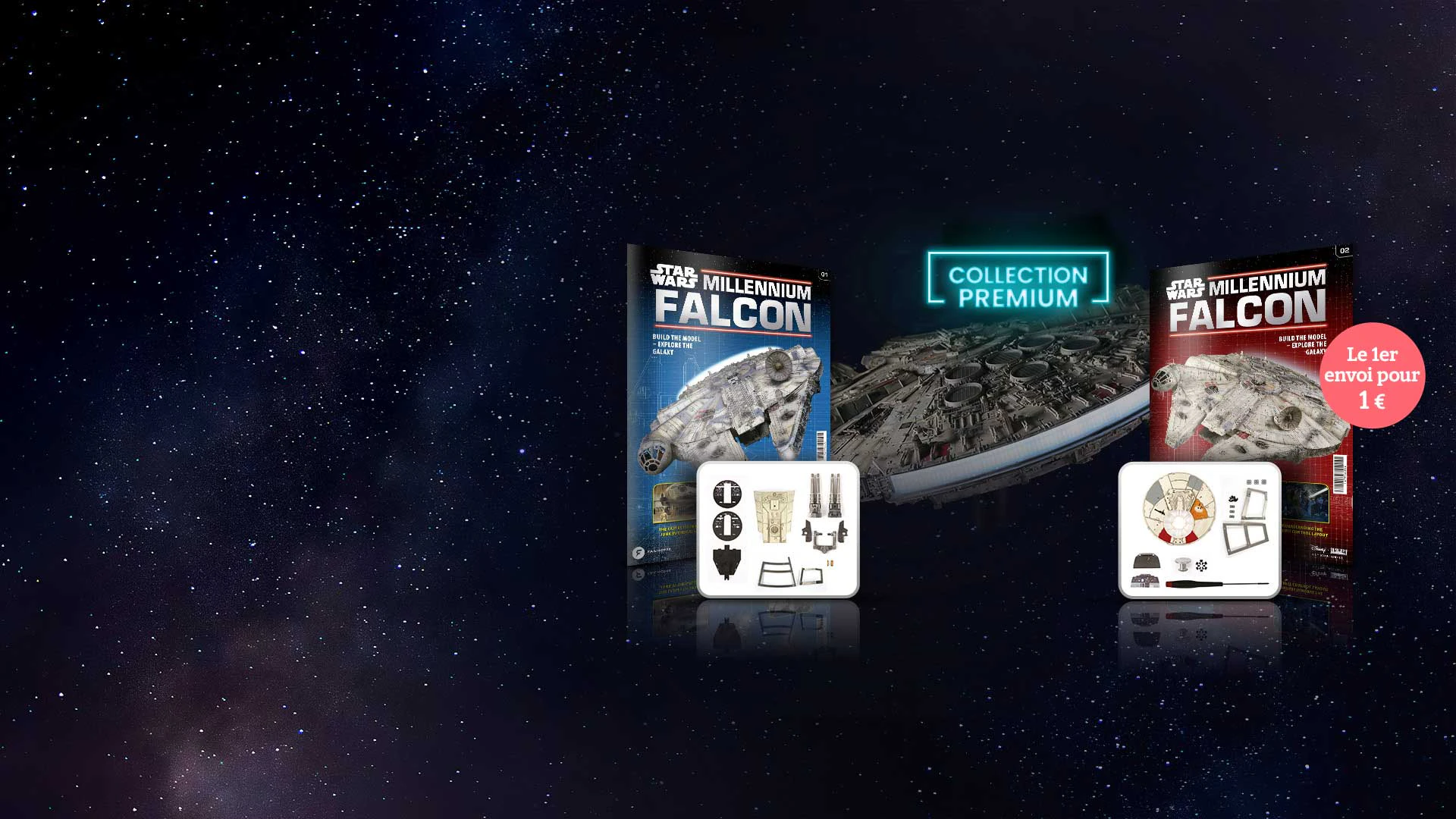 Image of the Millennium Falcon starship next to a couple of magazine covers of the same, on galaxy background image. The image includes the promotional text: "[red roundel text]. Premium collection".
