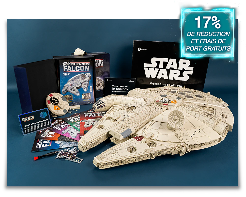 Image of a spread of magazines and a box next to a Millennium Falcon build up model. A banner on the image reads "XX% discount and free S&H".