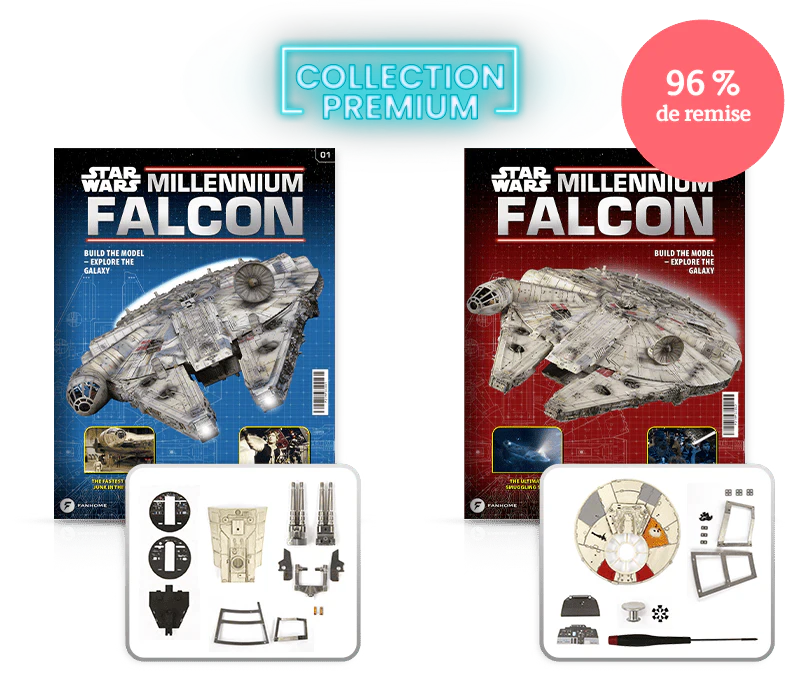 Image showing two magazine covers featuring the Millennium Falcon and two packs of assembly pieces. A banner on the image reads "Premium Collection". Another banner reads "XX% discount".