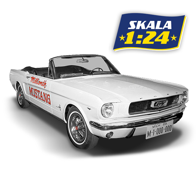 Model Ford Mustang cabrio w kolorze białym na czarnym tle z napisem „Mustang” na boku i oznaczeniem „Skala 1:24”.