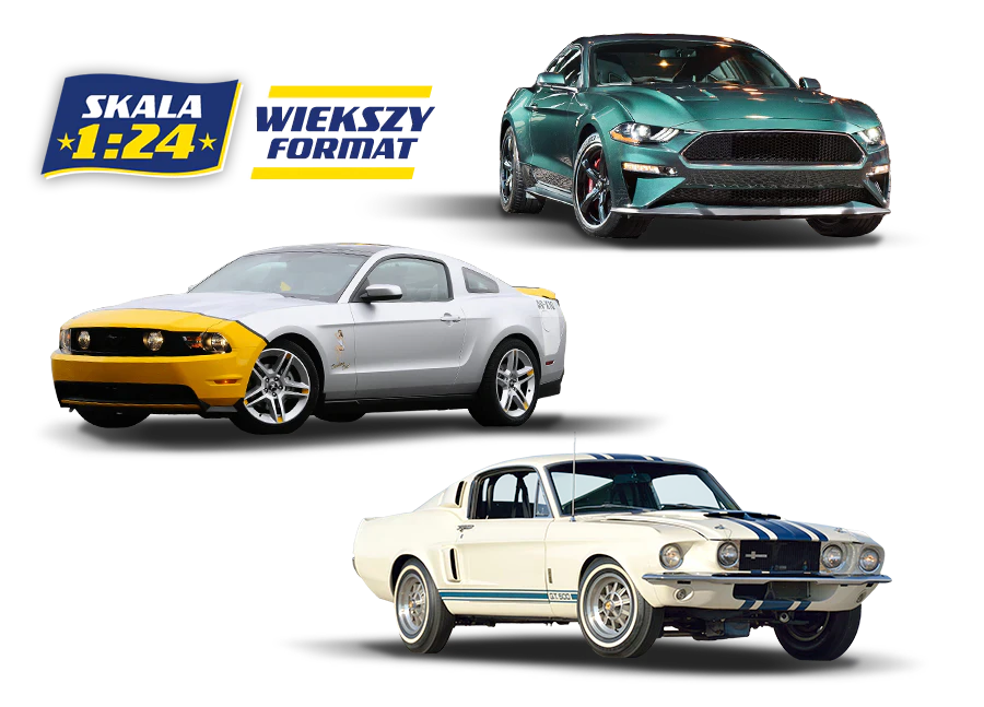 Trzy modele Ford Mustang w różnych wersjach; napis „Skala 1:24” i „Większy format” na czarnym tle.