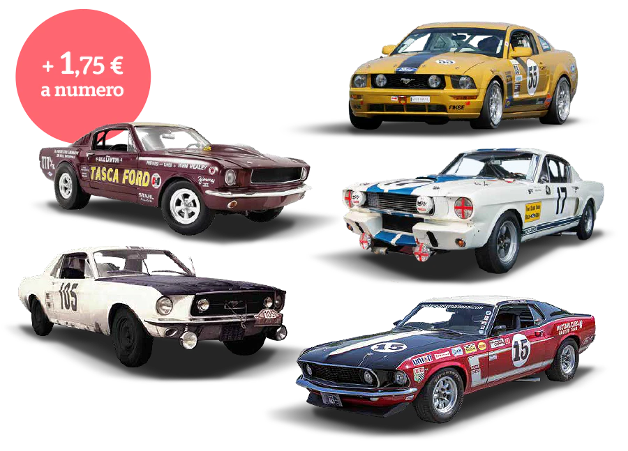 Immagine di cinque Mustang su sfondo grigio. L’immagine include il testo promozionale: “+1,75 € a numero”.