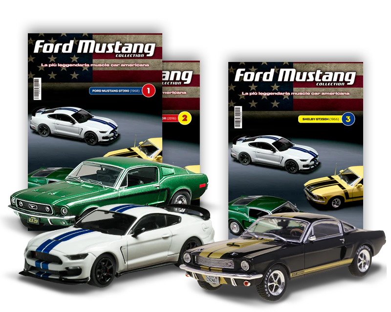 Immagine che mostra due copertine della rivista Ford Mustang Collection e tre modelli della collezione.