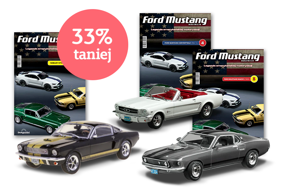 Trzy modele Ford Mustang i okładki magazynu; oferta: nr 3 gratis (74,99 zł przekreślone), na czarnym tle.