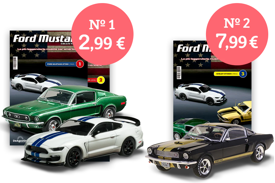 Immagine che mostra due copertine della rivista Ford Mustang Collection e tre modelli Mustang. Un banner sull’immagine riporta “N°1 a 2,99€” e un altro banner riporta “N°2 a 7,99€”