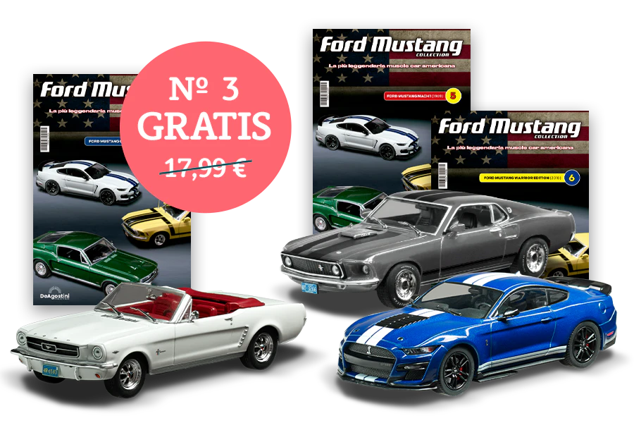 Immagine che mostra due copertine della rivista Ford Mustang Collection e tre modelli Mustang. Un banner sull’immagine riporta “N°3 GRATIS”