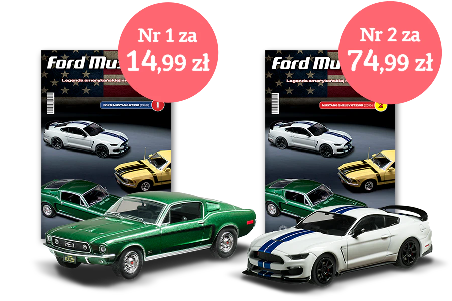 Dwie okładki magazynu Ford Mustang z modelami aut; cena: nr 1 – 14,99 zł, nr 2 – 74,99 zł, na czarnym tle.