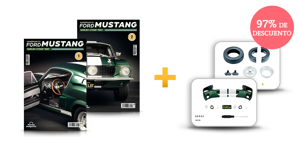 Imagen que muestra dos portadas de revista con el producto y dos paquetes de piezas. Un icono en la imagen indica: «97% de descuento».