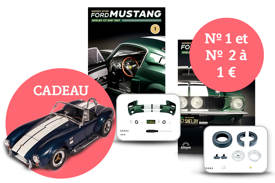 IImage montrant deux couvertures de magazine avec le produit et deux paquets de pièces. Une bannière sur l’image indique « n° 1 et n° 2 à 1€ » dans un sceau circulaire. Une autre bannière indique « Cadeau ».