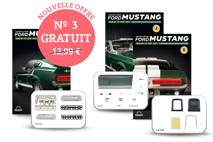 Image montrant trois couvertures de magazine avec le produit et trois paquets de pièces. Une bannière sur l’image indique « Nouvelle offre : n°3 gratuit » dans un sceau circulaire et le prix 12,99€ barré.