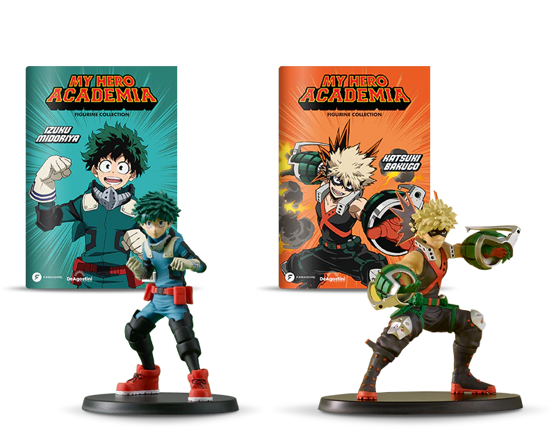 Image showing two magazine covers — one featuring Izuku Midoriya and the other Katsuki Bakugo — along with the corresponding figurines of each character. A banner on the image reads: ‘XX% discount.