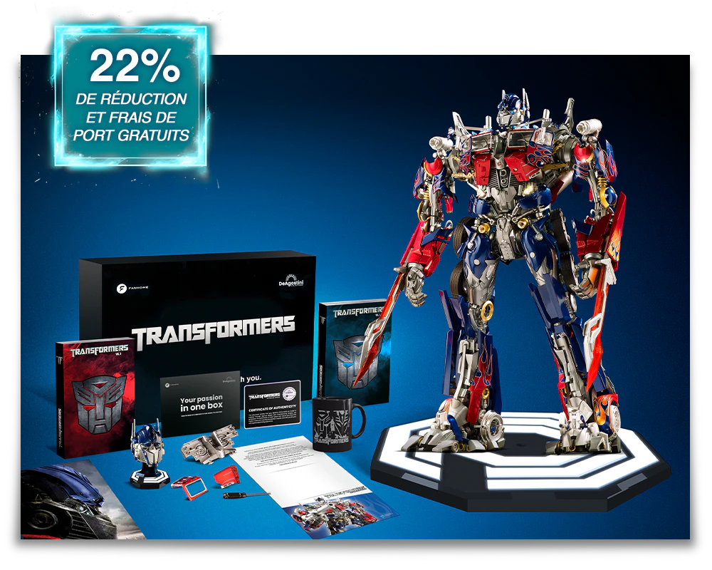 Image de la maquette du robot bleu et rouge sur le cadeau premium (base lumineuse) et entourée de tous les cadeaux de la collection. Une icône sur l’image indique : « 22% de réduction et livraison gratuite ».