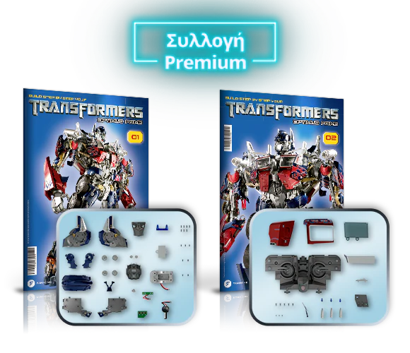 Obrázek zobrazující dvě obálky časopisu s Optimem Primem z filmů Transformers a dva balíčky montážních dílů.
