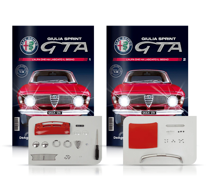 Immagine che mostra due copertine della rivista Alfa Giulia Sprint e due confezioni con pezzi di montaggio.