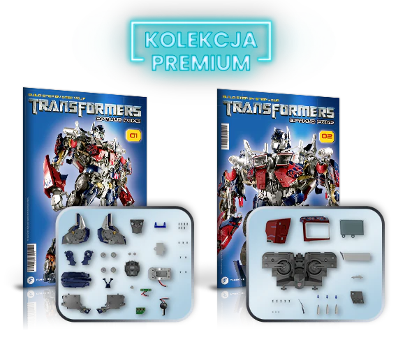 Obraz przedstawiający dwie okładki magazynu z Optimusem Primem z filmów Transformers oraz dwa zestawy części do montażu.