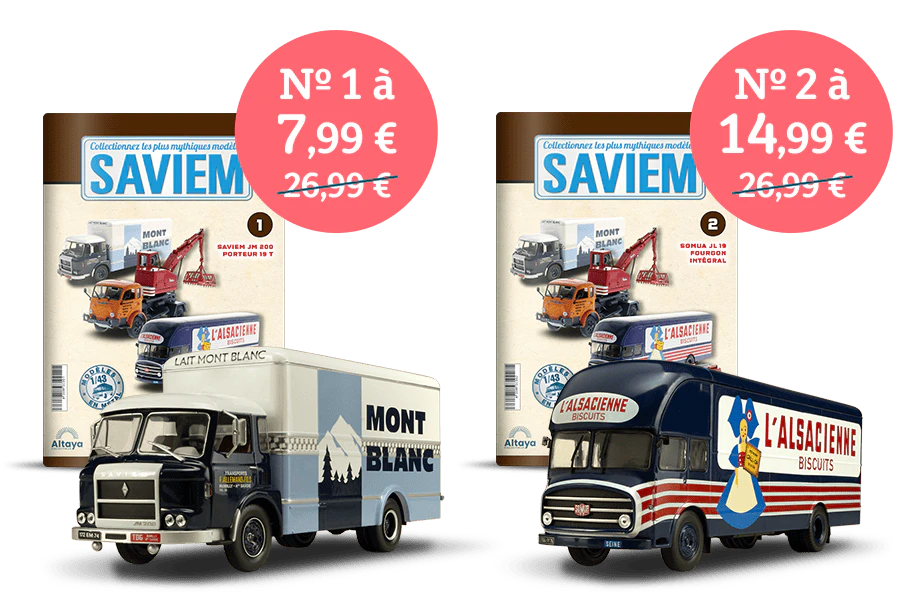 Image montrant deux couvertures de magazine avec le produit et deux figurines. Une bannière sur l’image indique « n° 1 à 7,99 € » dans un sceau circulaire et le prix 26,99€ barré. Un autre sceau circulaire indique : « n° 2 à 14,99 € » et le prix 26,99€ barré.