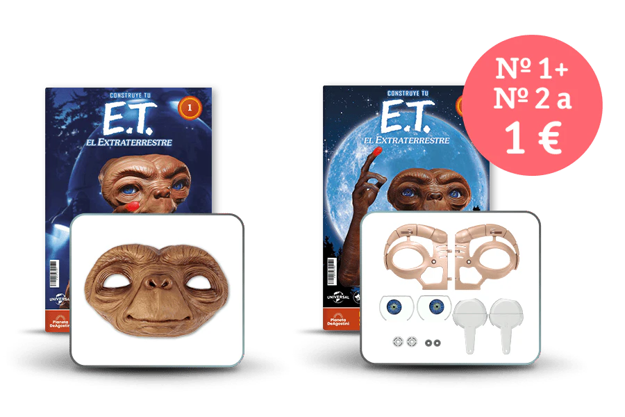 Imagen que muestra dos portadas de revista con el producto y dos paquetes de piezas. Un banner en la imagen dice «nº 1 y nº 2 a 1€» en un sello circular