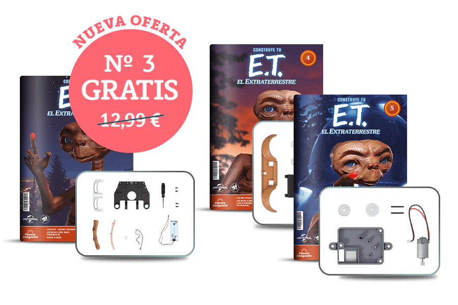 Imagen que muestra tres portadas de revista con el producto y tres paquetes de piezas. Un banner en la imagen dice «Nueva oferta: nº3 gratis» en un sello circular y “el precio 12,99€” tachado.