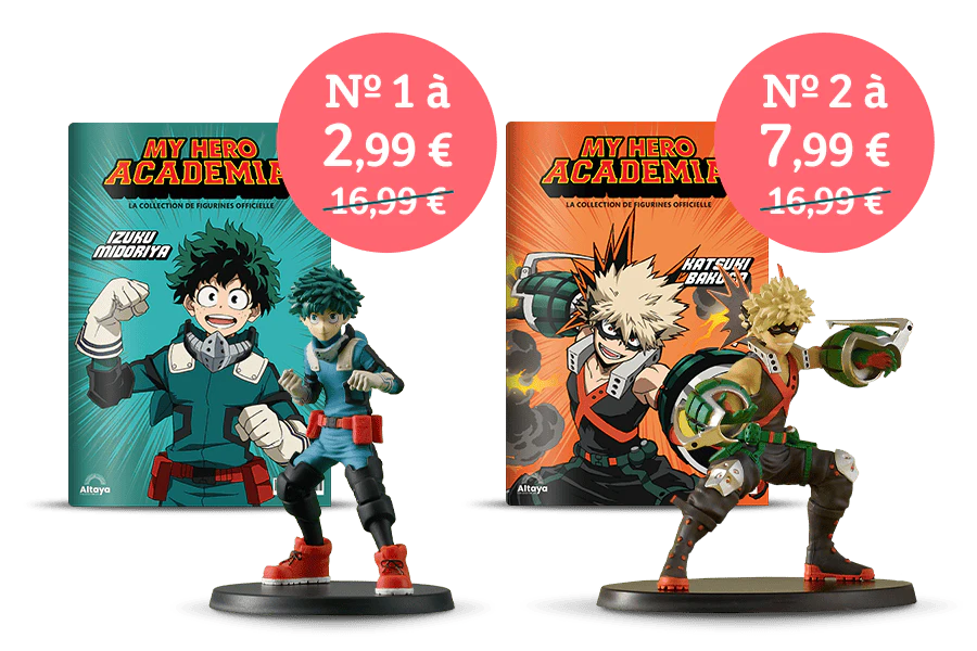 Image montrant deux couvertures de magazine avec le produit et deux figurines. Une bannière sur l’image indique « n° 1 à 2,99 € » dans un sceau circulaire et le prix 16,99€ barré. Un autre sceau circulaire indique : « n° 1 à 7,99 € » et le prix 16,99€ barré.